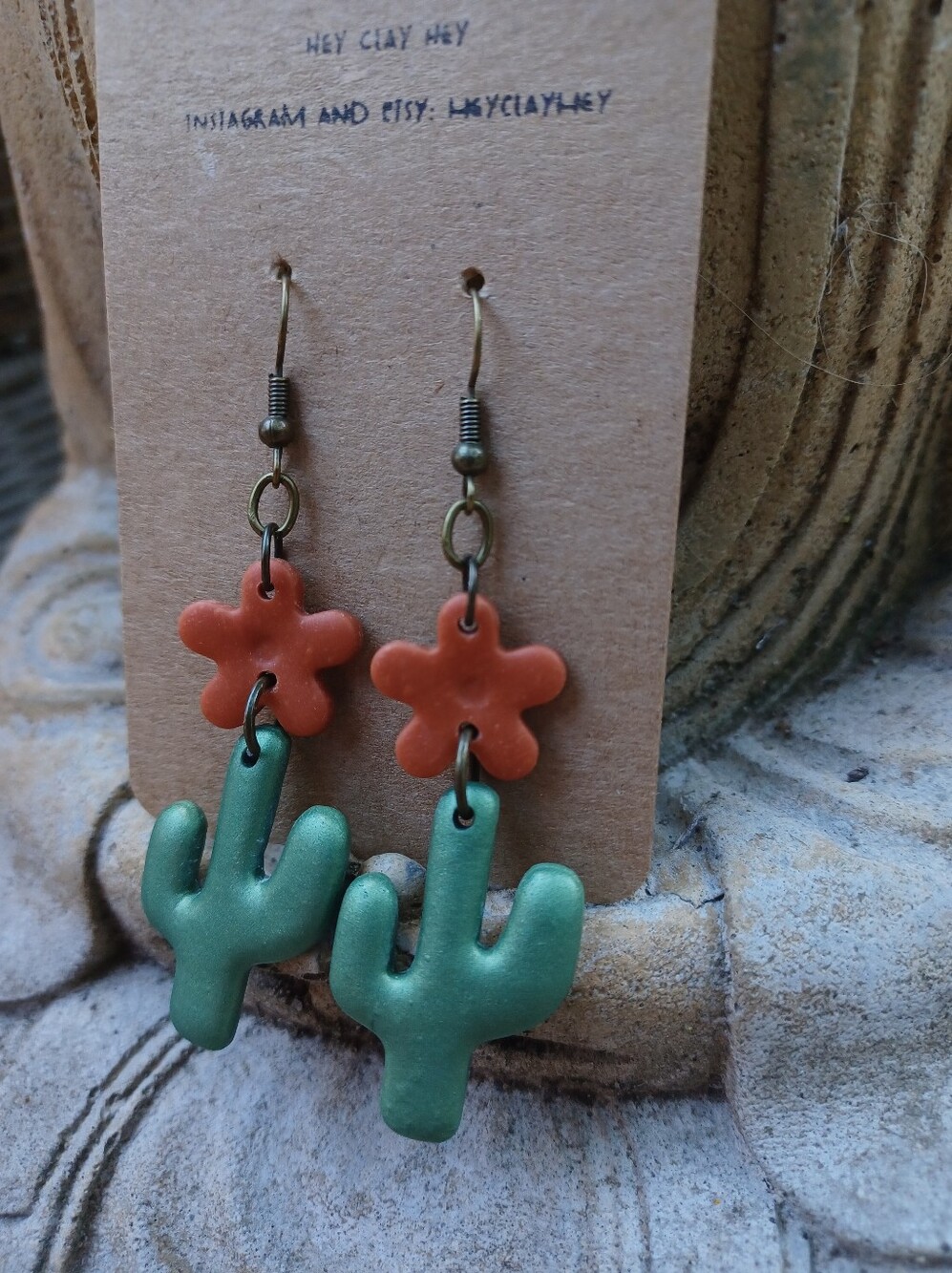 Green Cactus & Terracotta Flower Earrings - Picture 5 of 6